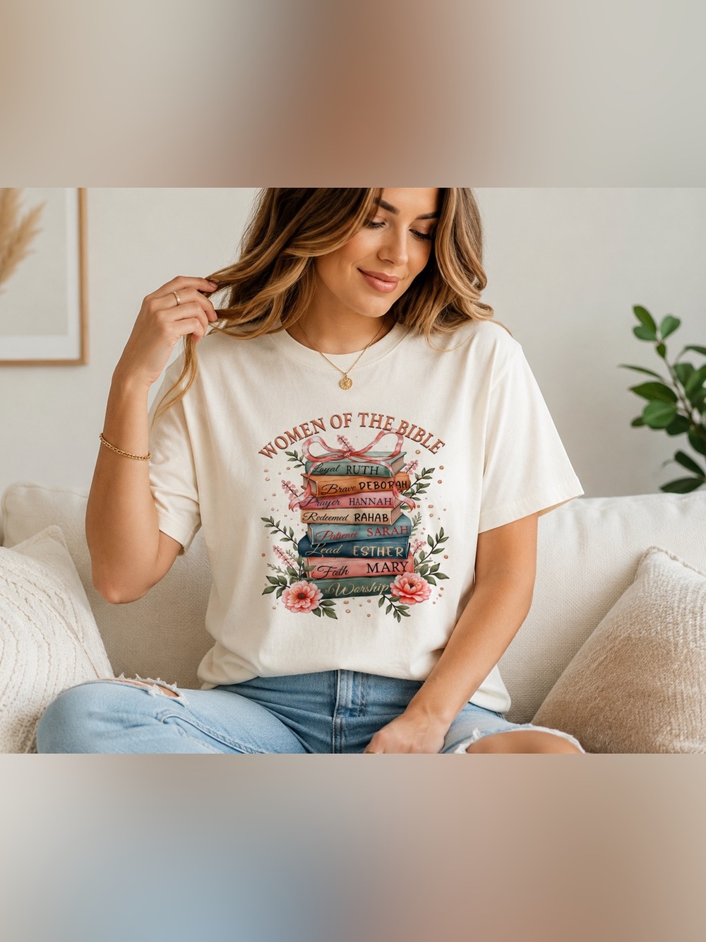 Christian Bible Graphic T-Shirt L Floral Faith Scripture Book Tee Cotton Peasant